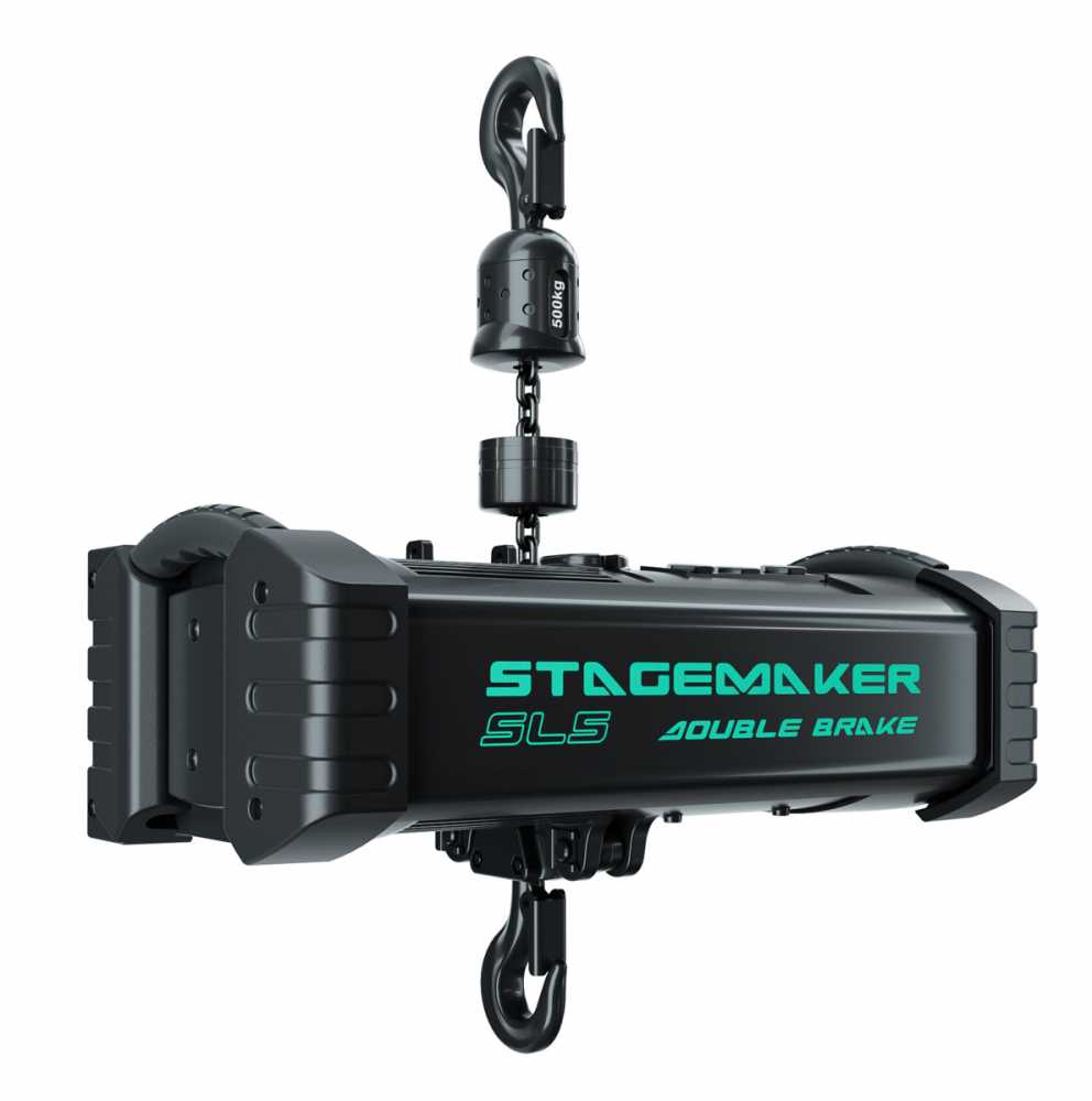 Stagemaker hoists are fitted as standard with double brakes, retractable handgrips and protective rubber pads