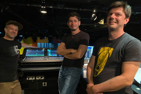 Rabenhof Theatre team members, Daniel Gyolcs, Josch Russo and Markus Freudenthaler with the Avantis console