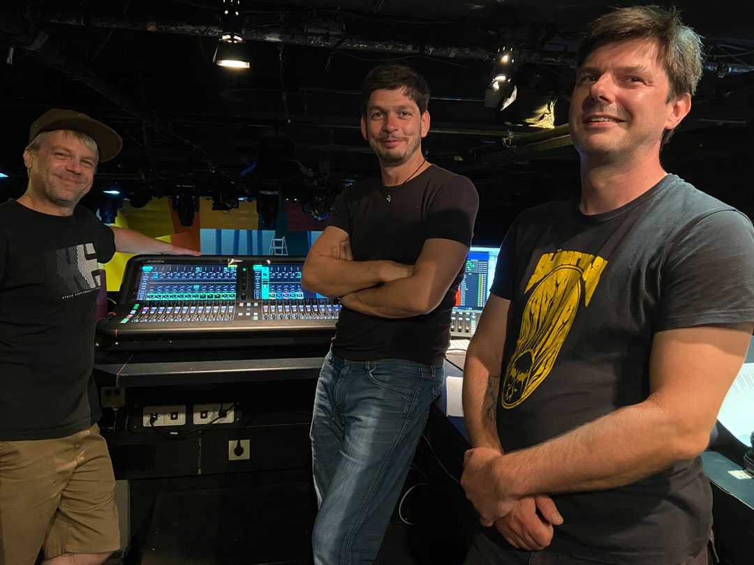 Rabenhof Theatre team members, Daniel Gyolcs, Josch Russo and Markus Freudenthaler with the Avantis console