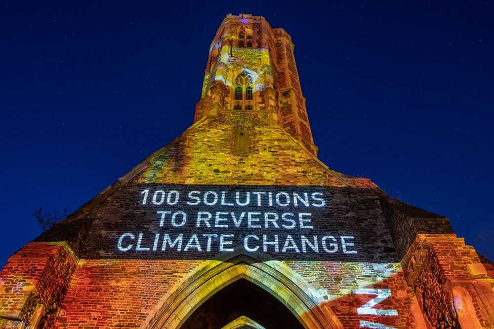 DRAWDOWN makes a striking presentation of 100 Solutions to Reverse Climate Change on the architectural gems of King's Lynn. (Image: © Matthew Usher Photography)
