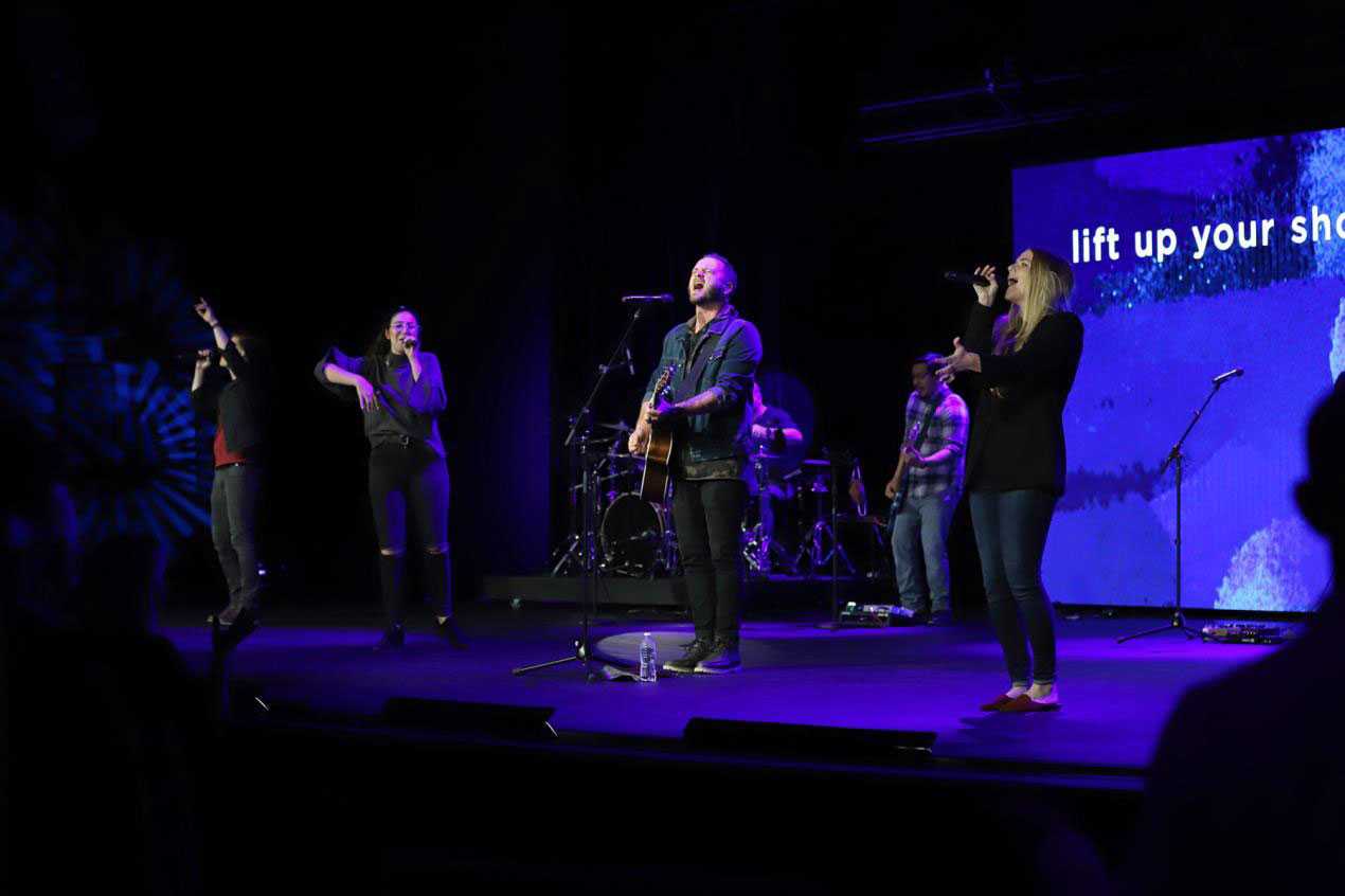 Mosaic’s worship team often features 12 performers onstage