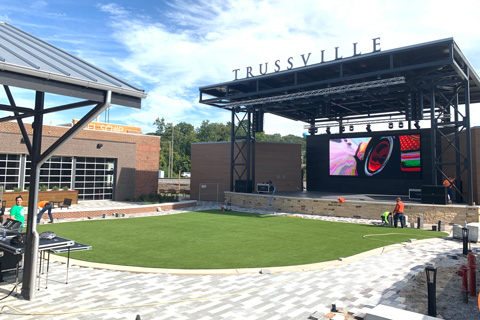 The central elements of Trussville’s downtown entertainment district are its new stage and pavilion