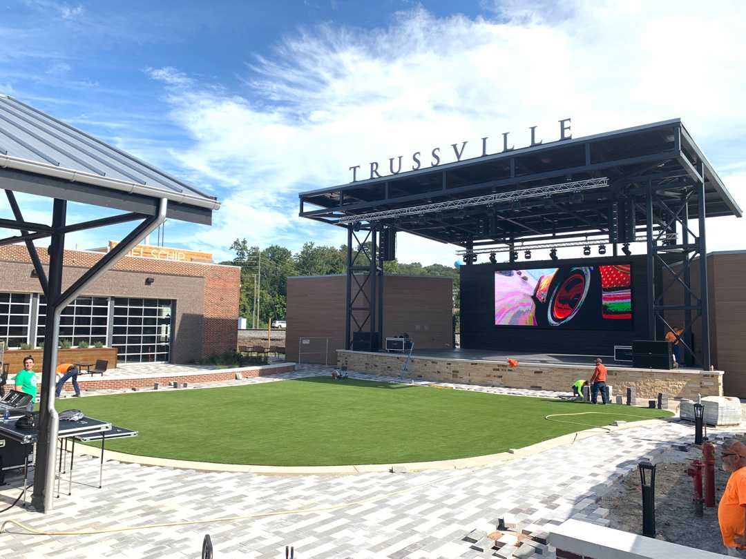 The central elements of Trussville’s downtown entertainment district are its new stage and pavilion