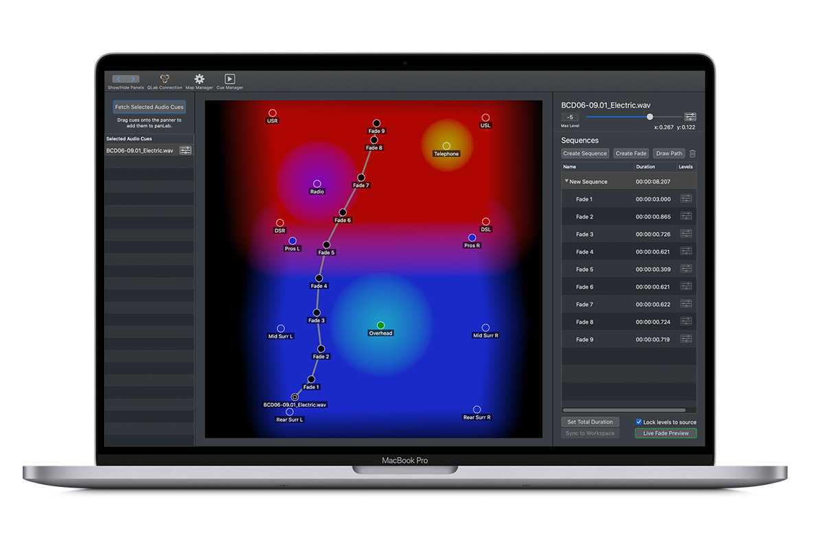 Using panLab 2, users can mix QLab audio and mic cues by positioning them on a virtual map of their sound system