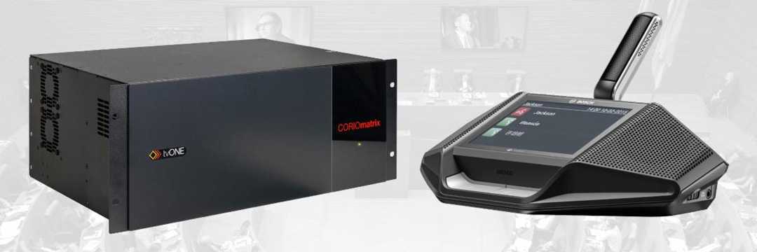 The Bosch Conference systems connect to the tvONE video switcher via TCP/IP