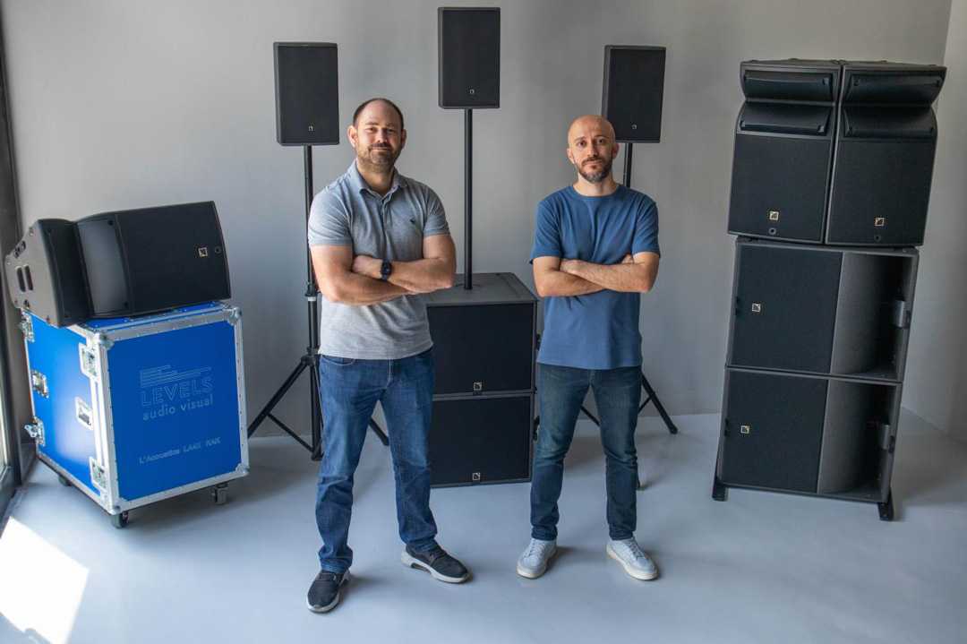 Levels AV’s Daniel Ball (left) and Hassan Alwan with a selection of their L-Acoustics equipment