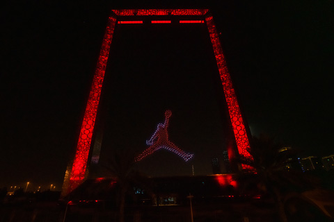 AO drones generated a four layered, three-dimensional, rotating facsimile of the Jordan ‘Jumpman’ logo