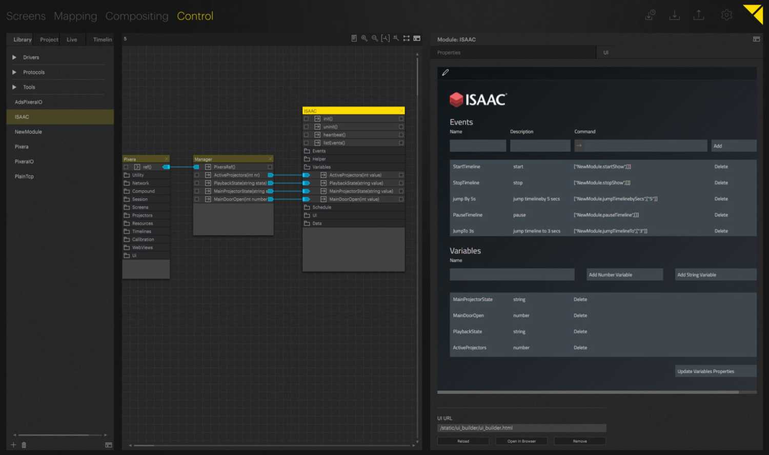 ISAAC events can be created and synched with the ISAAC calendar directly from within the Pixera control interface