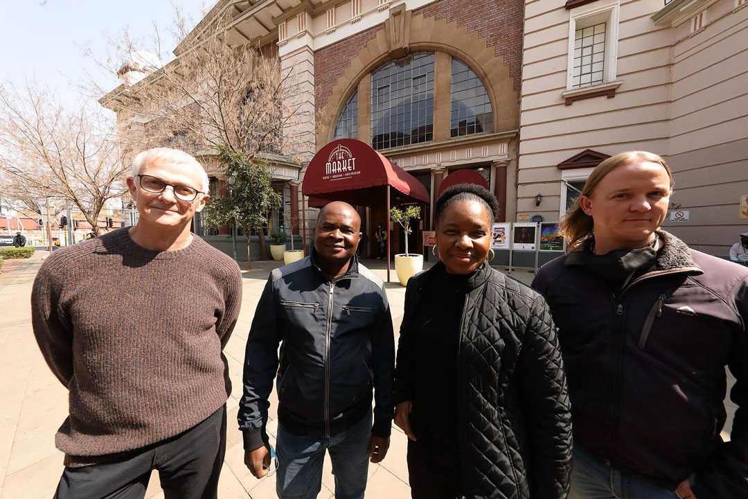 Denis Hutchinson (lighting designer & consultant), Jakes Mogale of The Install Crew, Nomvula Molepo (head of stage services at the Market Theatre) and Kevin Stannett from DWR (photo: Duncan Riley)