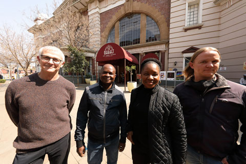 Denis Hutchinson (lighting designer & consultant), Jakes Mogale of The Install Crew, Nomvula Molepo (head of stage services at the Market Theatre) and Kevin Stannett from DWR (photo: Duncan Riley)
