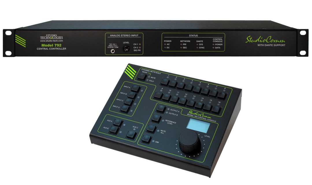 The StudioComm system with Dante support, consists of the Model 792 central controller and the Model 793 control console