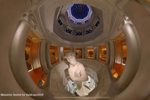The Italy Pavilion centres on a 3D-printed, 1:1-scale reproduction of Michelangelo’s David