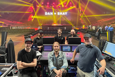 The Dan + Shay audio crew - front: Austin Brucker (monitor engineer), Taylor Bray (FOH engineer), and Eric Thomas (SE/crew chief). Back: Taylor Pescatore (PA/stage patch), Justin Stiepleman (PA/B stage), and Justin Curtiss (monitor tech/RF)