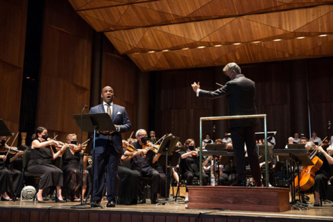 Vocalist Lawrence Brownlee alongside conductor Maestro Corrado Rovaris at the Mann Music Centre