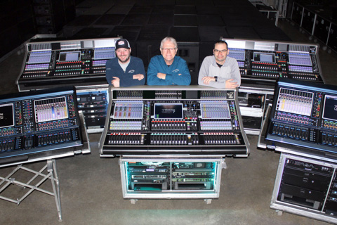Spectrum Sound’s Andrew Sullivan, Ken Porter, and Bobby George in the warehouse with the new DiGiCo Quantum consoles