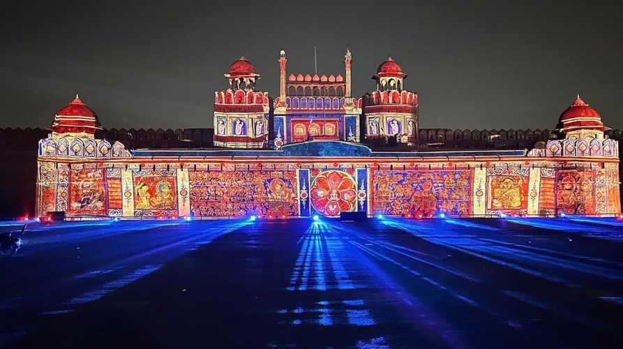 The Lahori Gate and its surrounding walls are illuminated by 19 Christie laser projectors