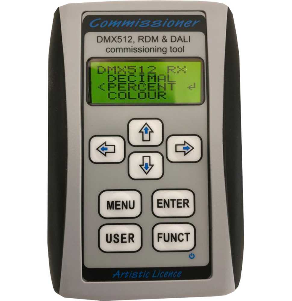 Commissioner rdmx is a hand-held tool for testing, programming and configuring lighting installations or fixtures