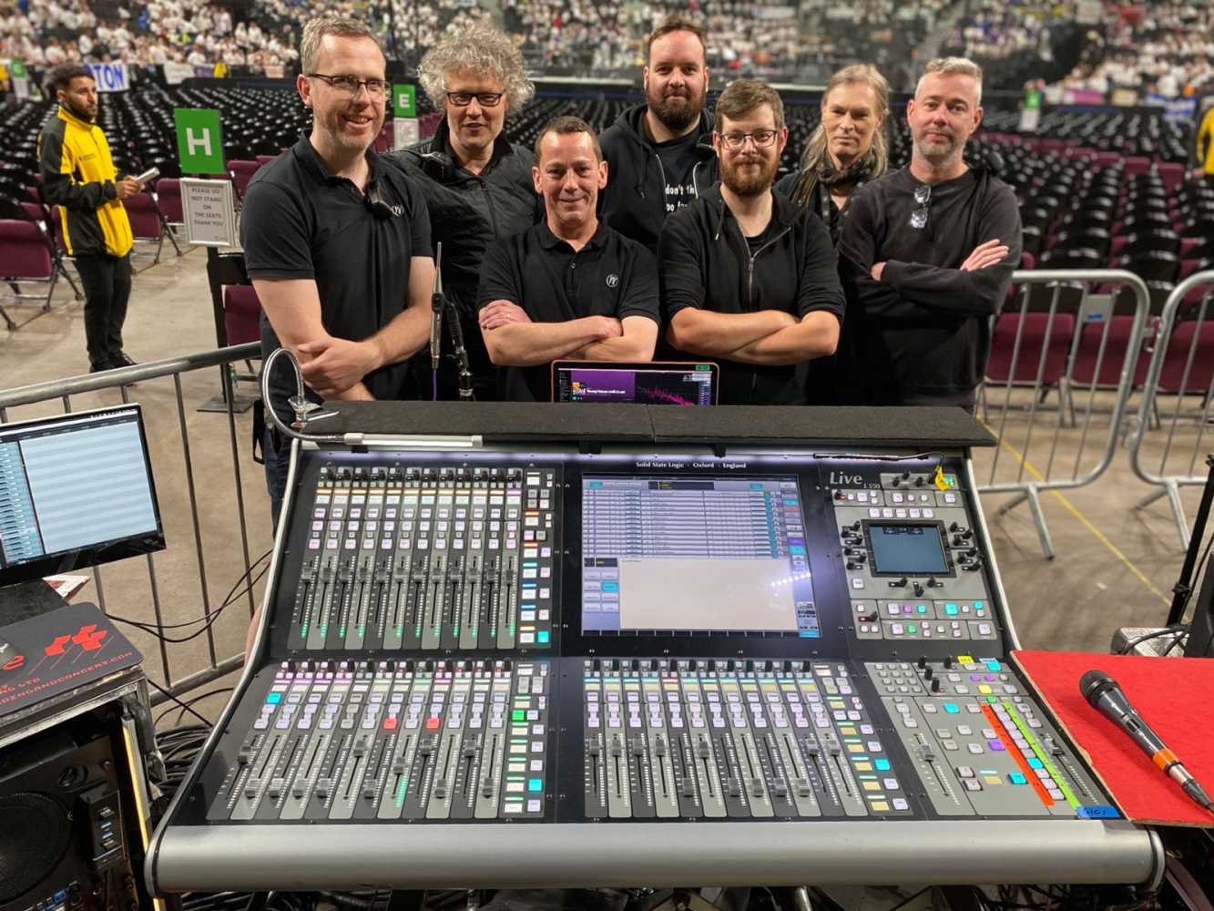 The Young Voices audio crew - Fergus Mount (crew chief), Gavin Tempany (FOH engineer), Luke Cohen (stage technician), Bart de Wit (system engineer), Tobias Dracup (RF technician), Grace Howat (monitor engineer) and Paul Gardiner (system engineer)