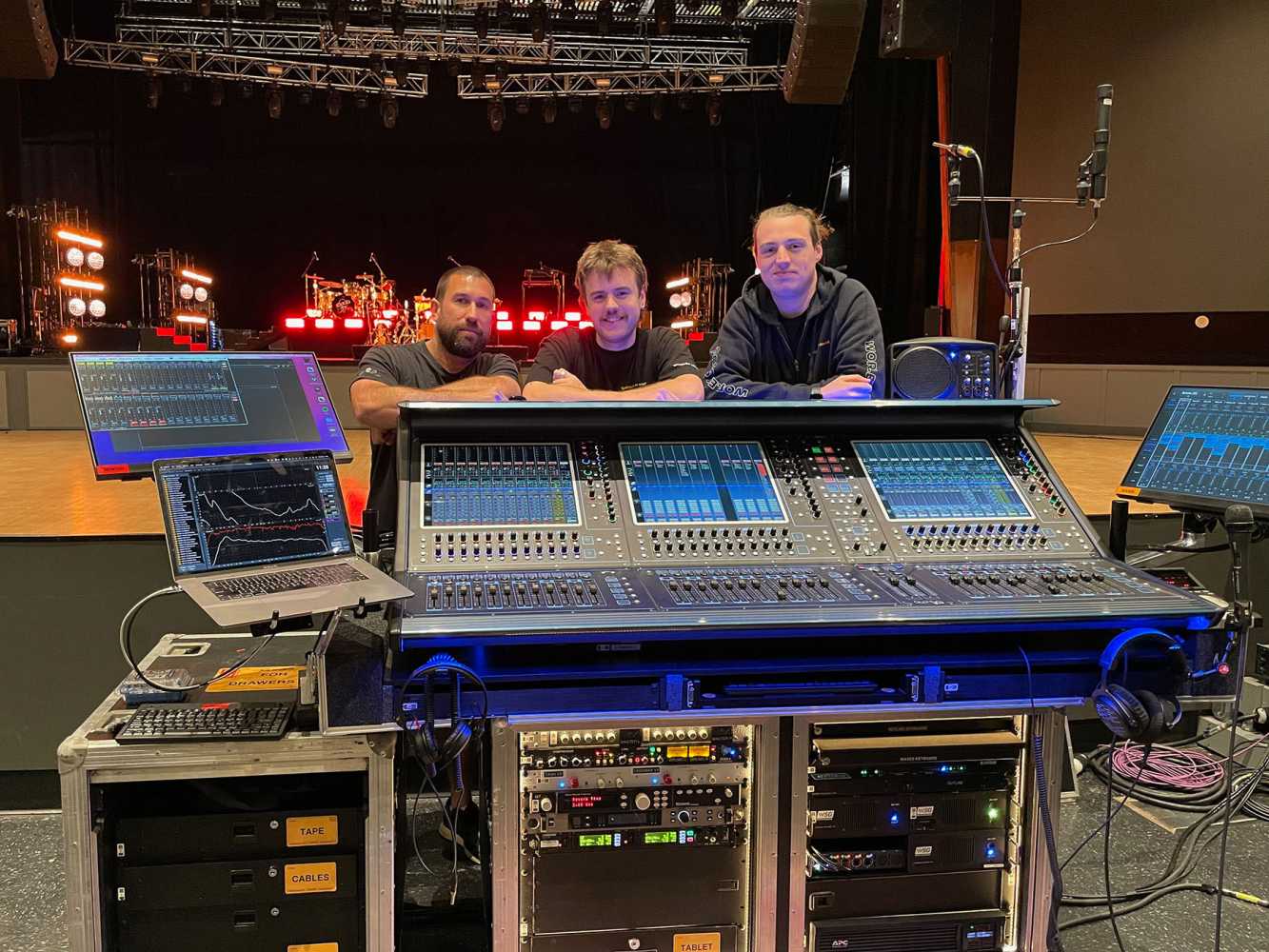 Worley Sound audio tech Steve Donovan, FOH engineer Sam Perrignon, and monitor engineer Jordan Tanner