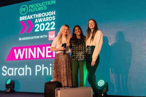 Hannah Eakins and Jas Parekh of Production Futures with Sarah Philpot (right), one of six Breakthrough Award winners