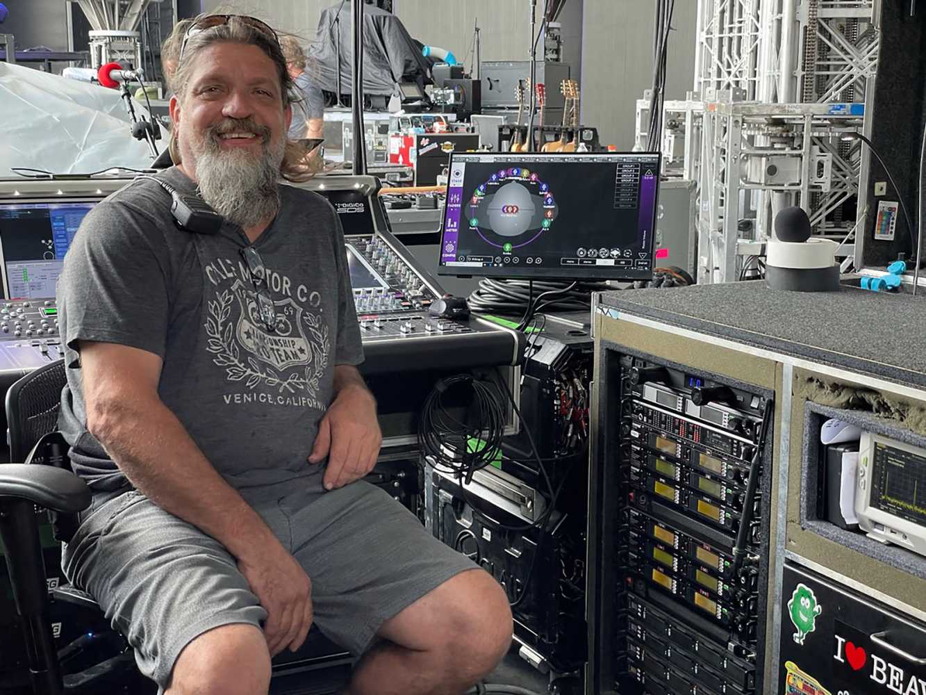 Ted Bible, Def Leppard’s long-time monitor engineer, at The Stadium Tour’s DiGiCo Quantum5 desk