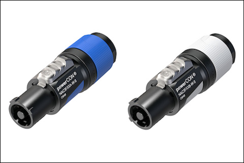 The new powerCON cable connectors are colour coded blue – for power in – and grey – for power out