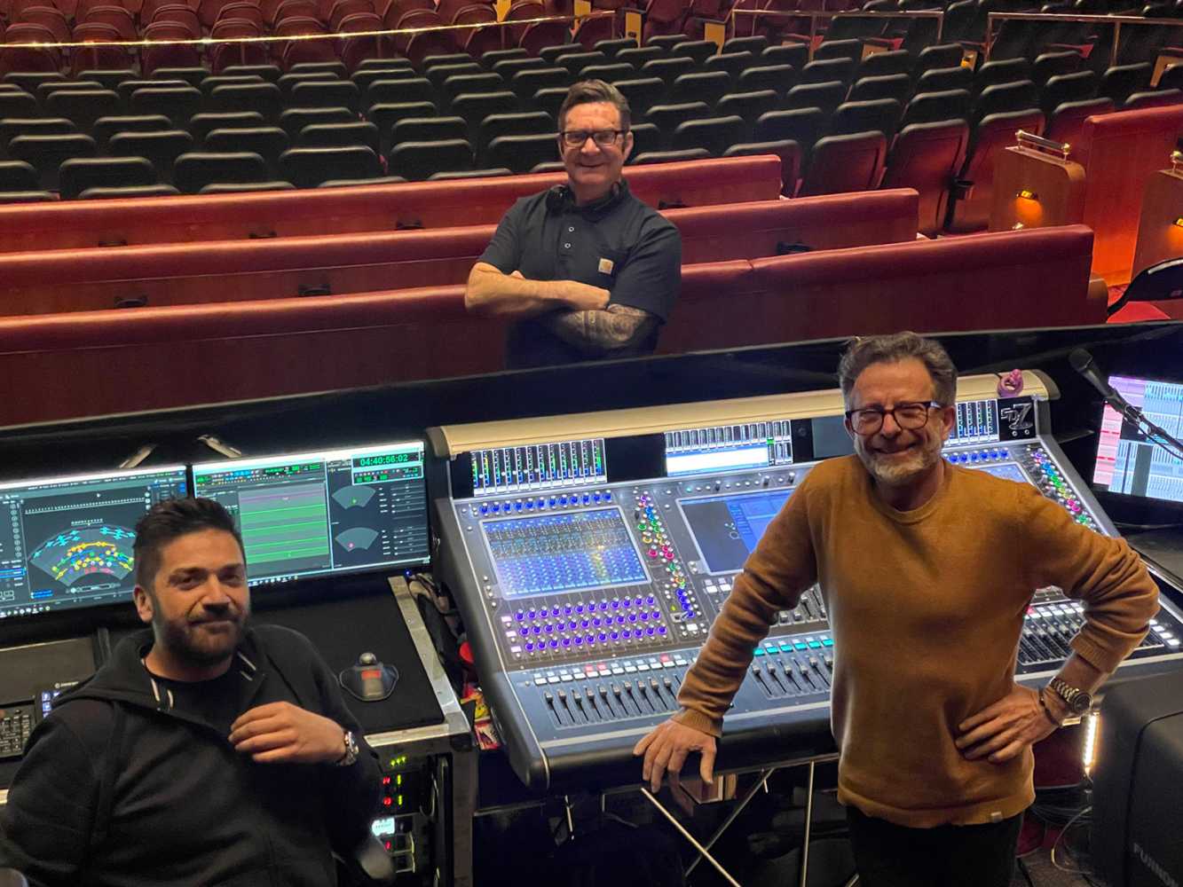 System engineer Johnny Keirle, production manager Paul English and FOH engineer Dave Bracey