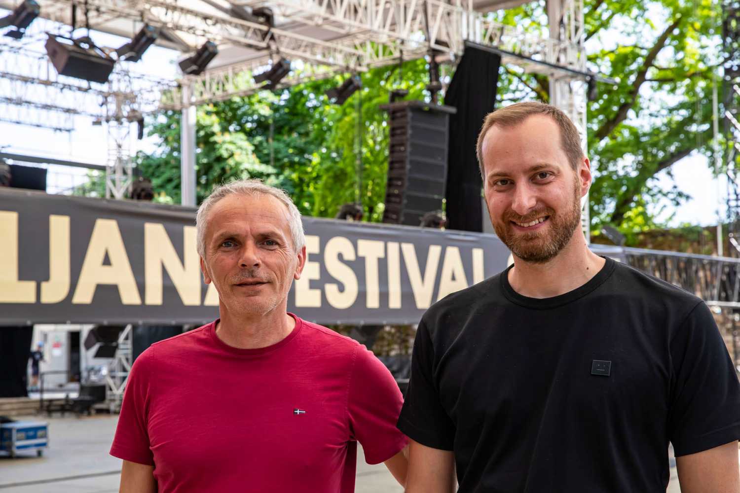 Križanke’s technical manager Adam Muzafirović on the left with MK Light Sound’s Dean Karov (photo: Louise Stickland)