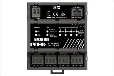 Nexen is a fully featured four-port, DINrail-mounting ethernet/DMX node