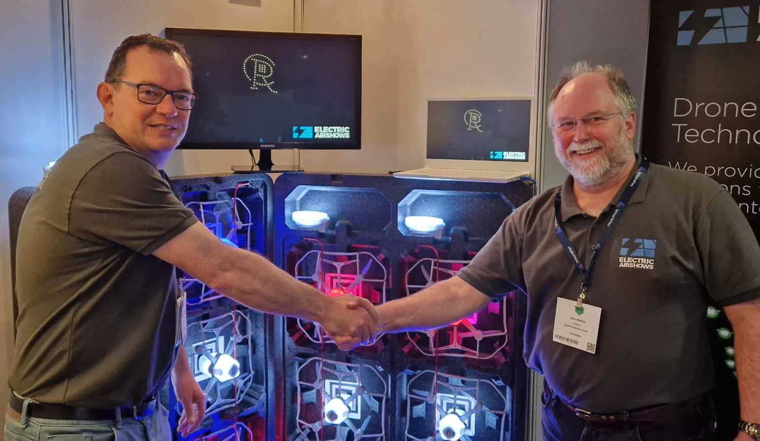 Electric Airshows' Chris Crockford (left) with new recruit - lighting designer John Bishop - and the new 'out of the box' drone solution on show at PLASA Focus Leeds