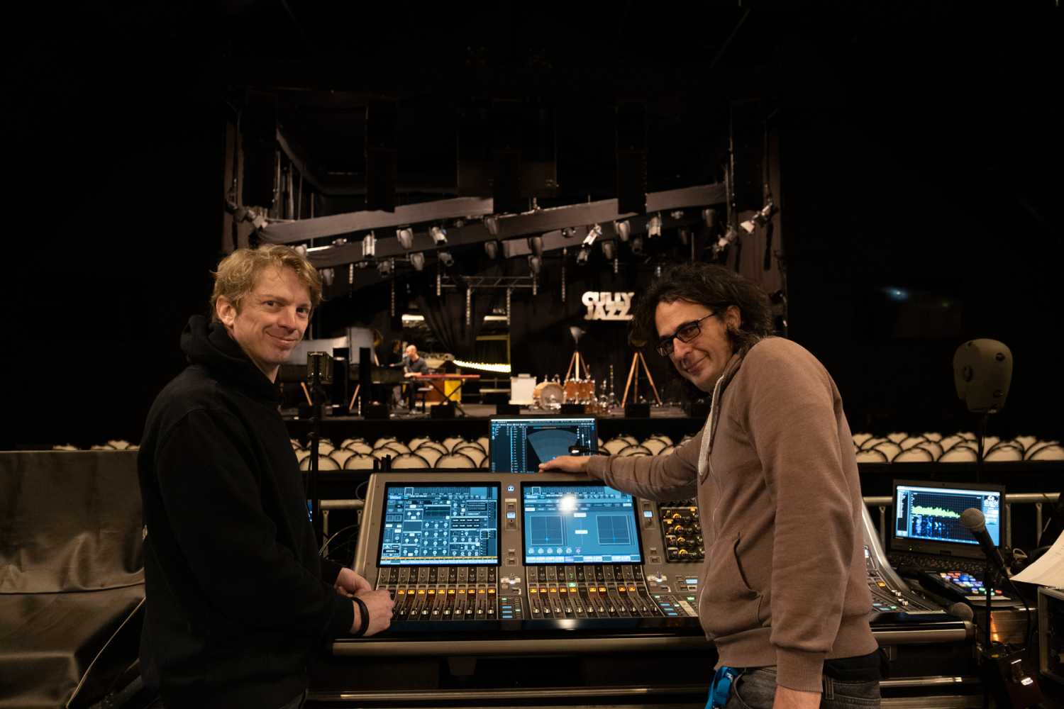 TMS audio engineers Benjamin Bard and Antoine Quinet with L-ISA Controller at the Cully Jazz Festival (photo: Christophe Coulmy)