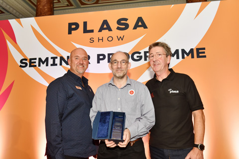 2022’s Gottelier Award winner, JB Toby (centre) with PLASA chair, Adam Blaxill (left) and PLASA MD, Peter Heath (right)