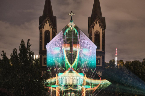Flightgraf used two Griffyn Series pure laser projectors to map onto the Church of Saints Cyril and Methodius