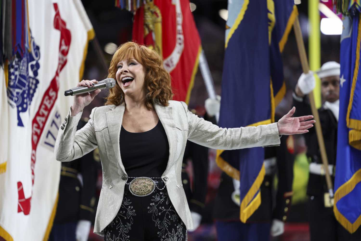 Reba McEntire performs the national anthem prior to Super Bowl LVIII at Allegiant Stadium