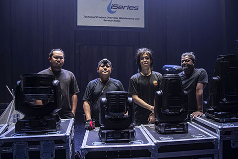 Peter Chi - Wild Rice’s new technical manager, stage technician Roy Tee Lacno, technical intern Jedrick and previous technical manager, Sagaya David Kanagasingam (photo: Louise Stickland)