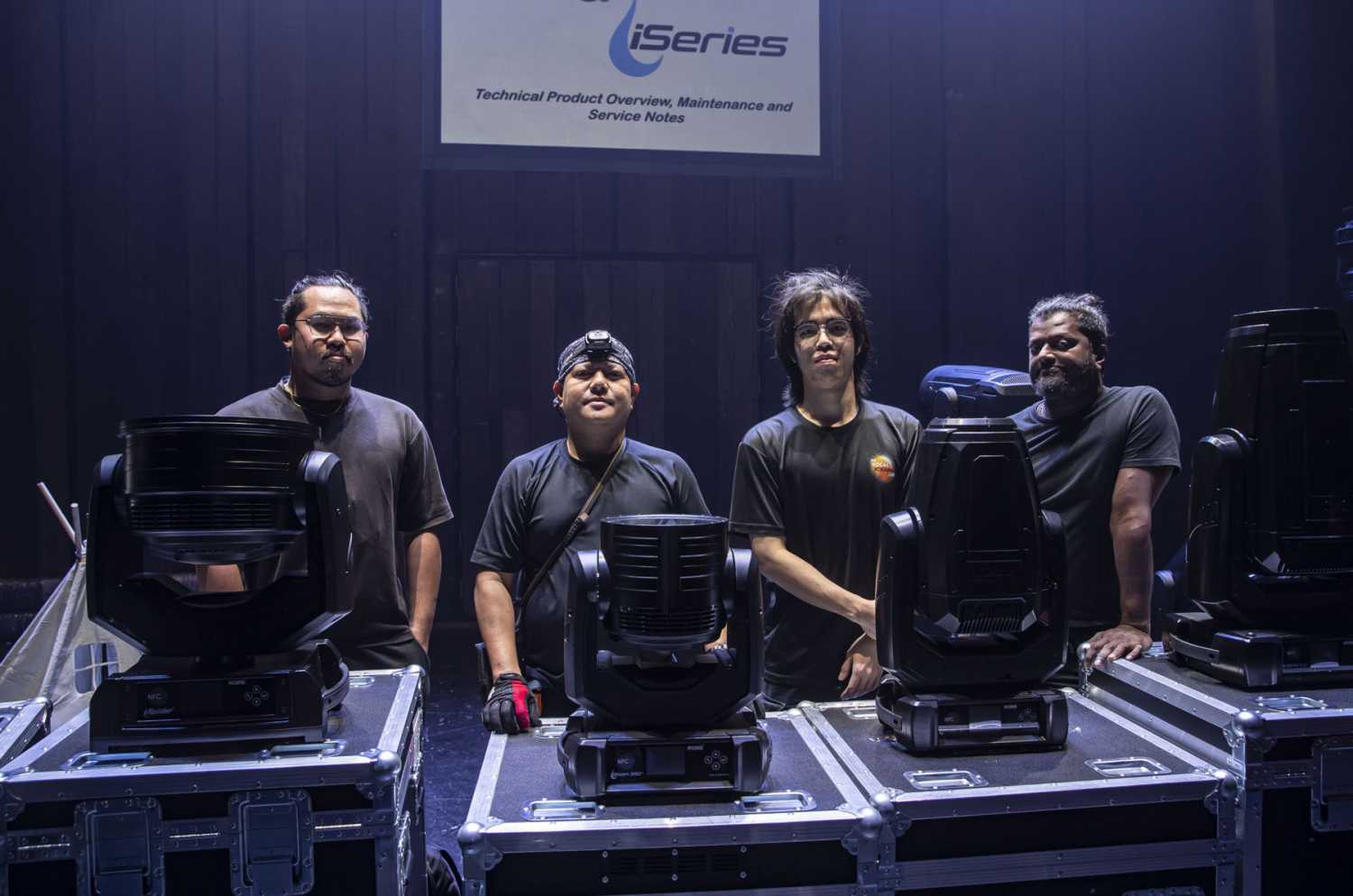 Peter Chi - Wild Rice’s new technical manager, stage technician Roy Tee Lacno, technical intern Jedrick and previous technical manager, Sagaya David Kanagasingam (photo: Louise Stickland)